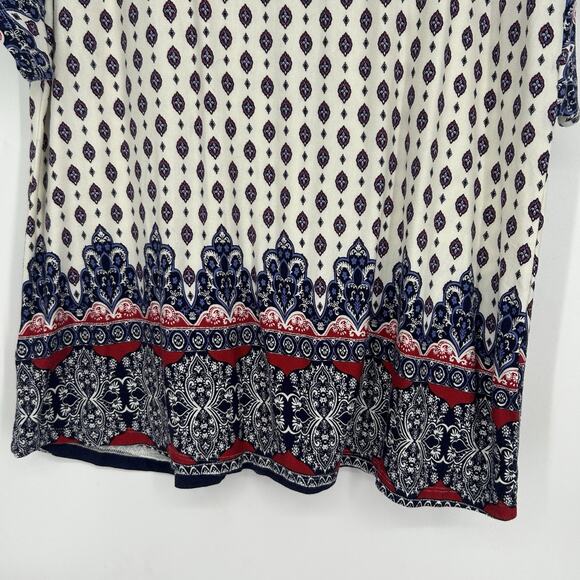 One World Boho Top Cream Blue Short Flutter Sleeve Mixed Pattern Split Neck Sz L - Picture 7 of 9